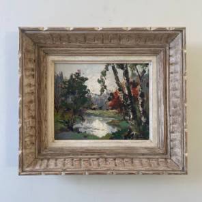 An Oil on Canvas Landscape Birch by a Lake